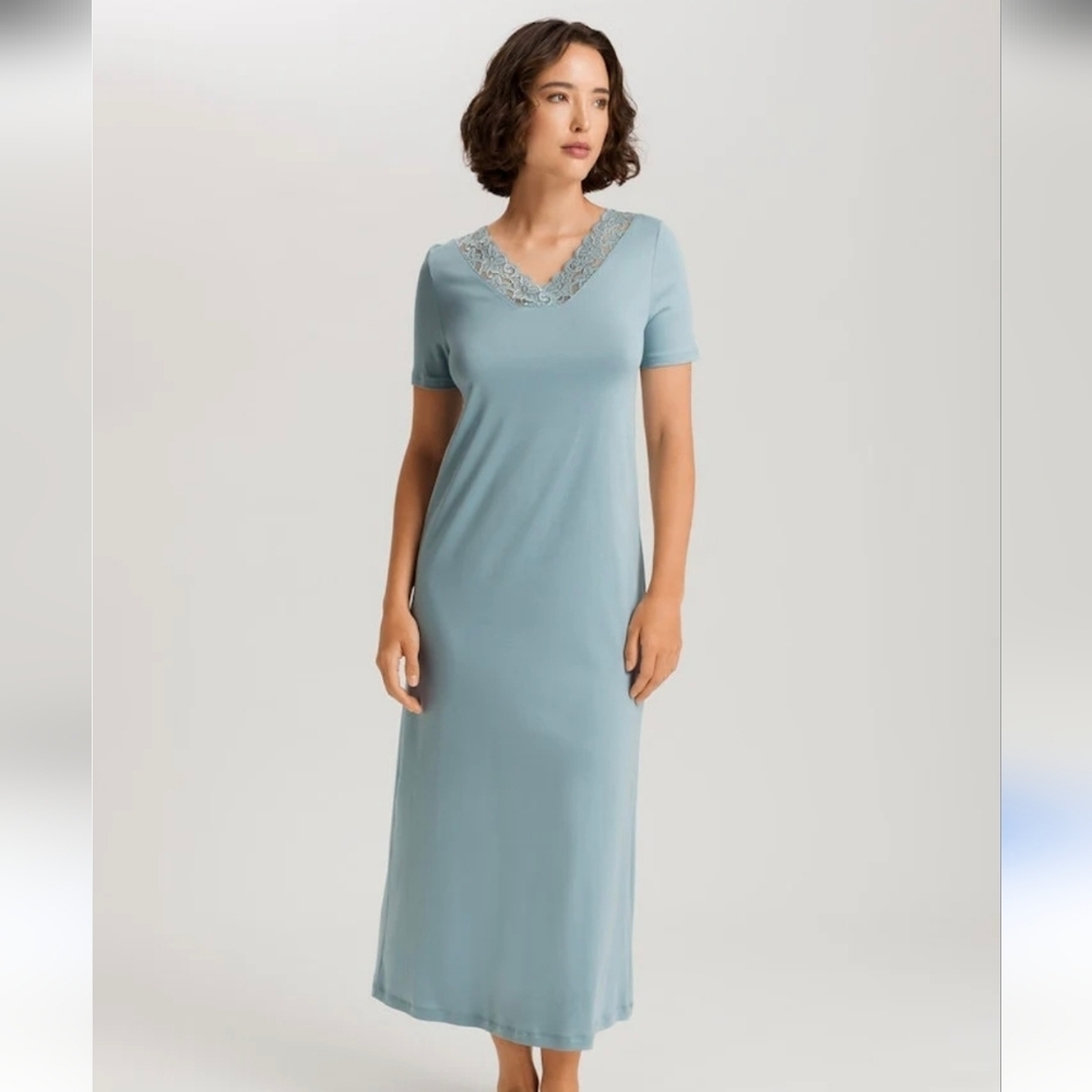 Hanro Blue Cotton Lace-Trim Moments Nightdress Nightgown Cloud Blue Size Medium